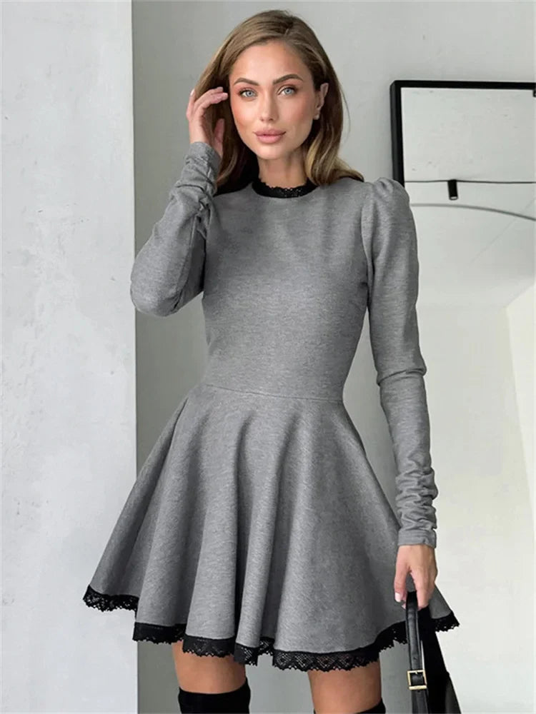 maoxiangshop - Lace Patchwork Fashion Mini Dress For Women Long Sleeve Contrast High Waist Autumn Zipper Dress Women Bodycon Dress 2025