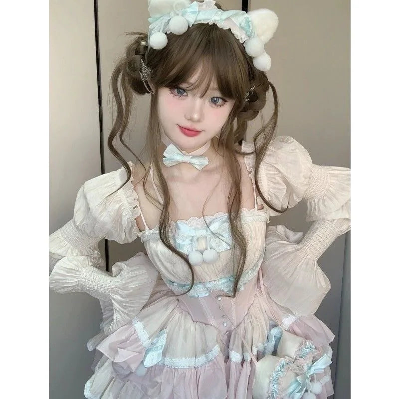 maoxiangshop - Autumn Lolita Kawaii Bow Dress Women Japanese Sweet Princess Dress Female Korean Fashion Print Cute Party Mini Dress 2024 New