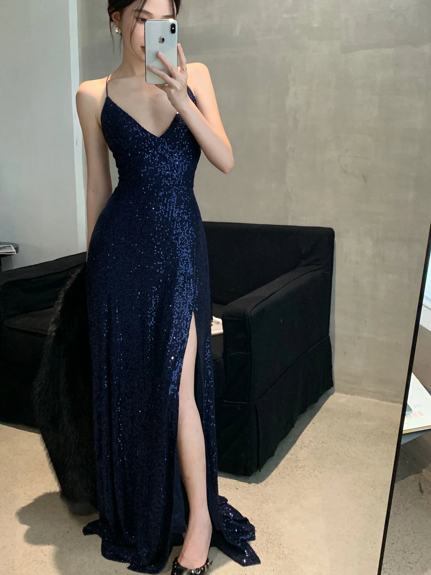maoxiangshop - Women's Backless V-Neck Split Maxi Dress Sexy Slim Evening Gown Luxury Dresses Fashion Robe Birthday Party Spring Autumn New