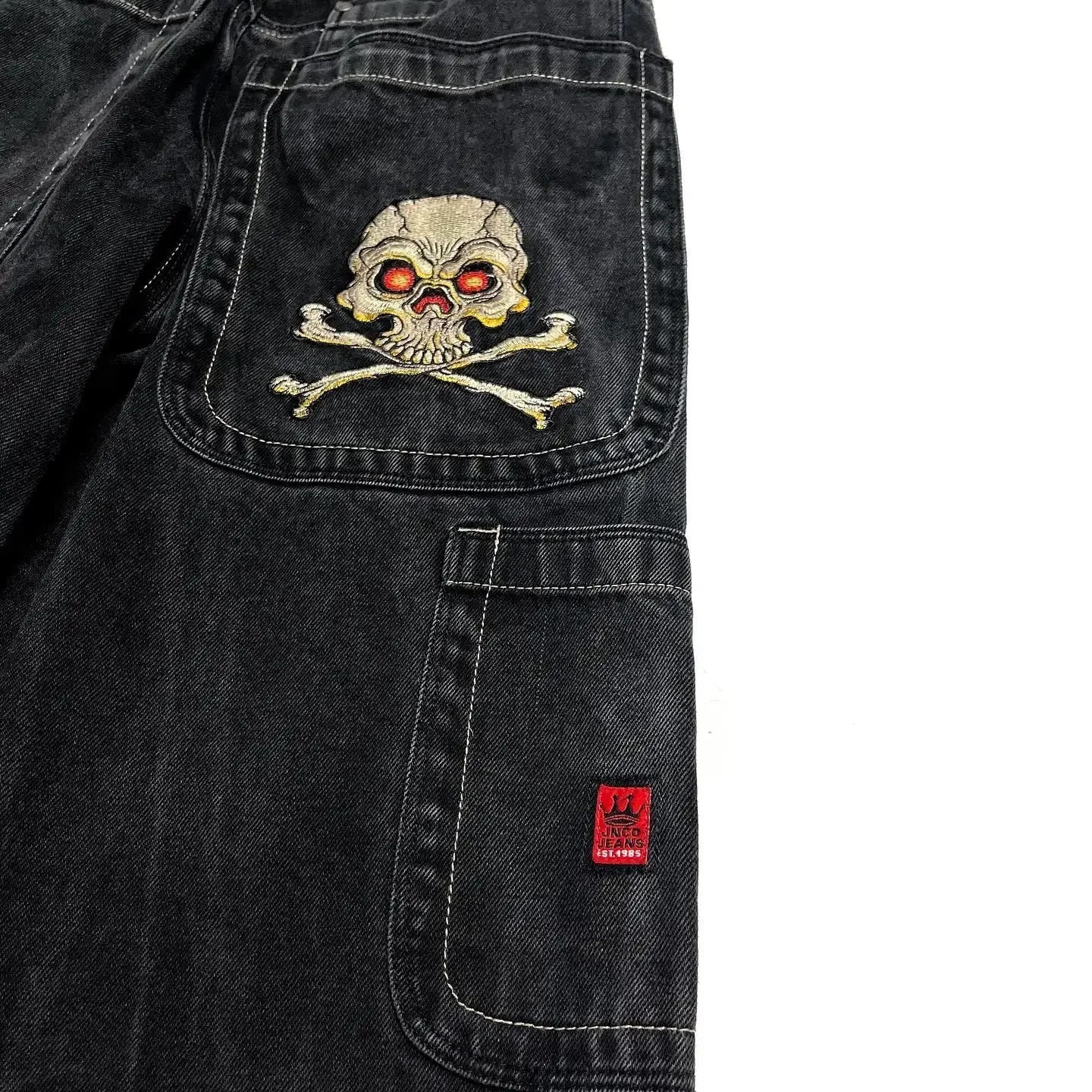 Jeans New Harajuku Hip Hop Retro Skull Graphic Embroidered Baggy Jeans Denim Pants Men Women Goth High Waist Wide Trousers