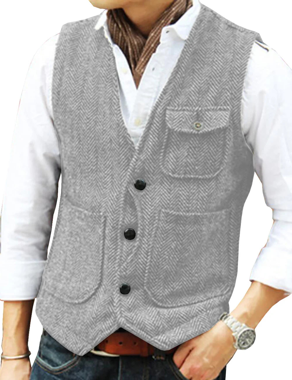 maoxiangshop Men's Vests Business Suit Vest Herringbone Tweed V Neck Formal Waistcoat For Wedding Suit Or Tuxedo Men Vest