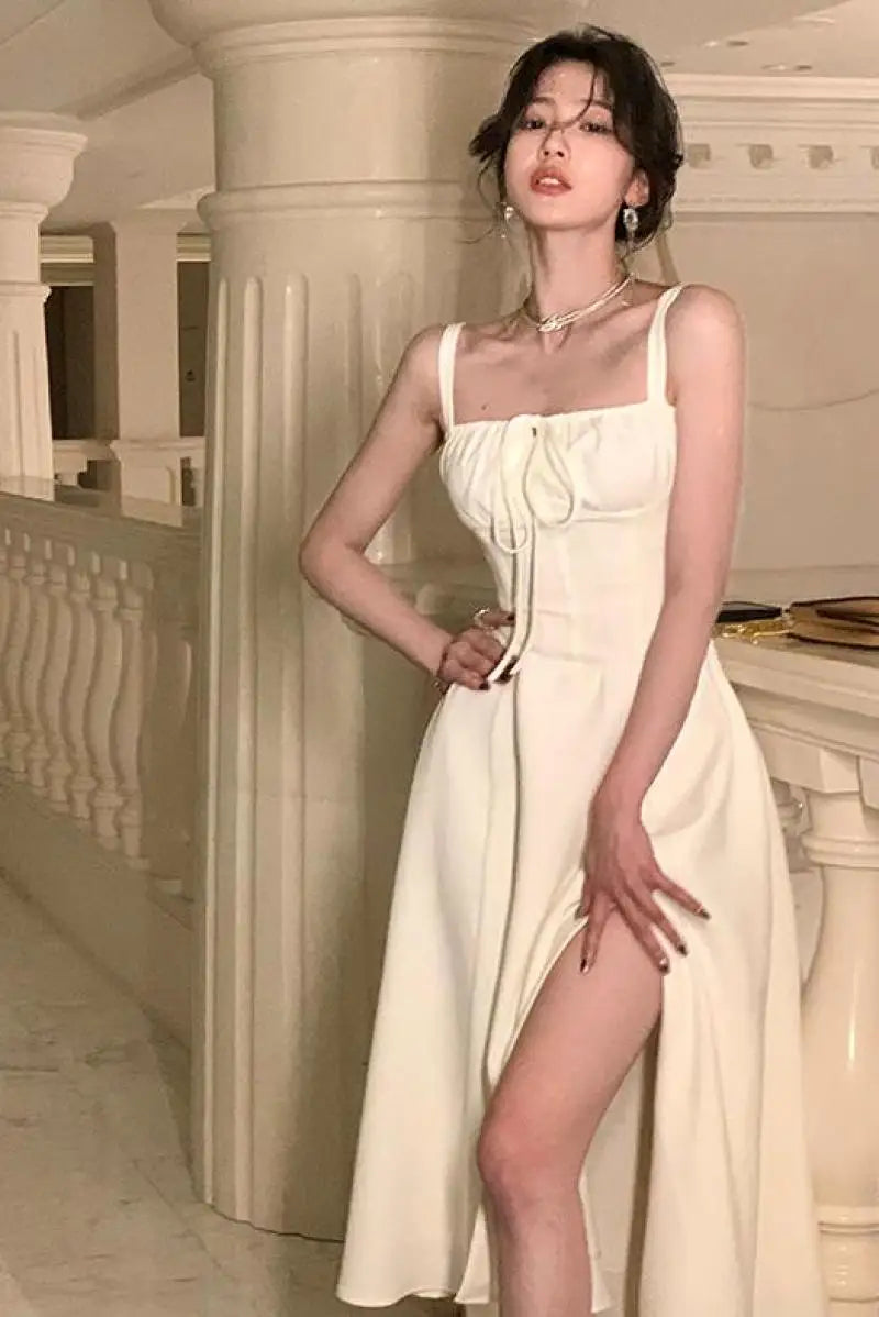 maoxiangshop French Elegant White Strap Midi Dress Summer New Casual Evening Party Dress Women Beach Sleeveless Lace-up Red Dress Korean