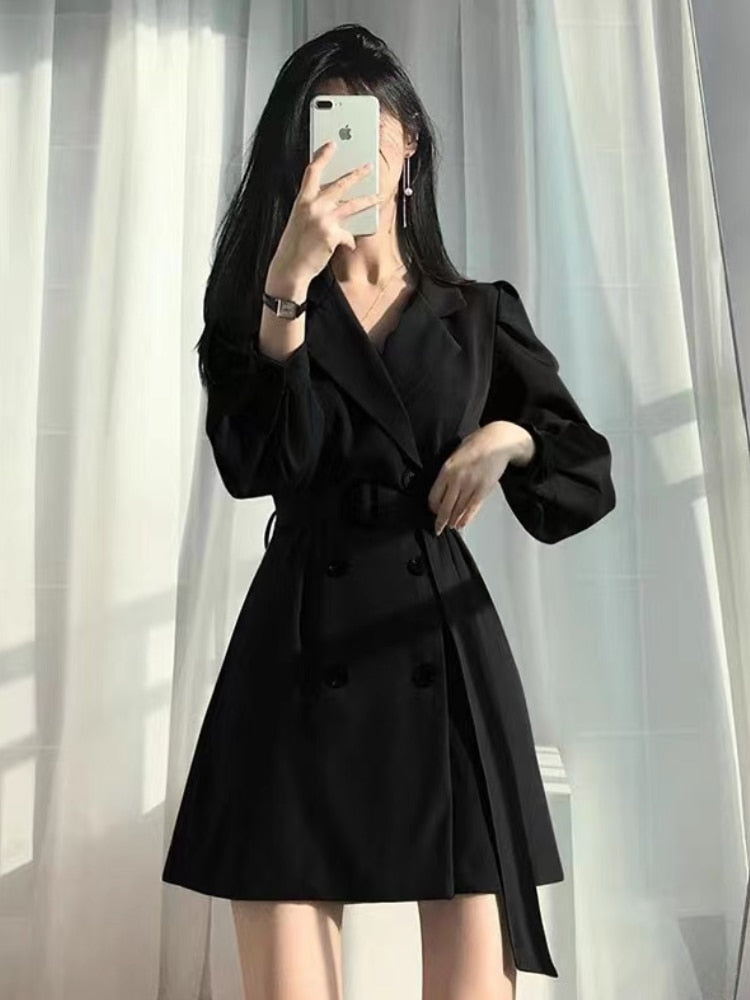 maoxiangshop Vintage Notched Black Long Sleeve Jacket Slim Blazer Mini Dresses for Women Korean Fashion Sexy Casual Bodycon Dress Autumn