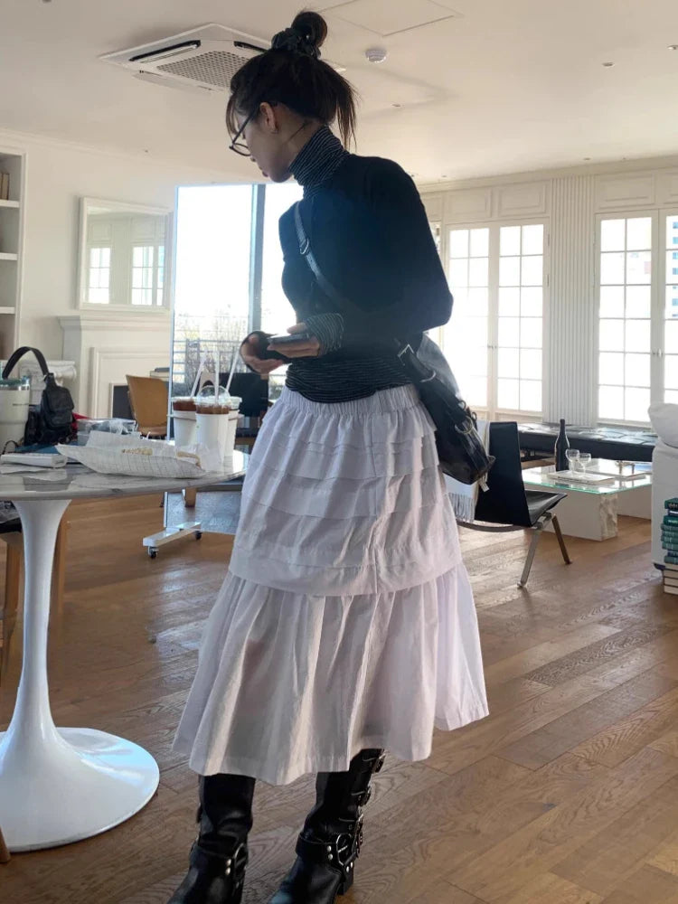 maoxiangshop - Y2k Aesthetic White Simple Pleated Skirts Women Vintage Summer Long Skirt Harajuku Streetwear Gothic Faldas Largas Mujer 2024