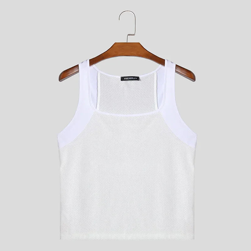 maoxiangshop 2024 Men Tank Tops Patchwork O-neck Sleeveless Skinny Male Vests Streetwear Hollow Out Summer Fashion Men Clothing S-5XL