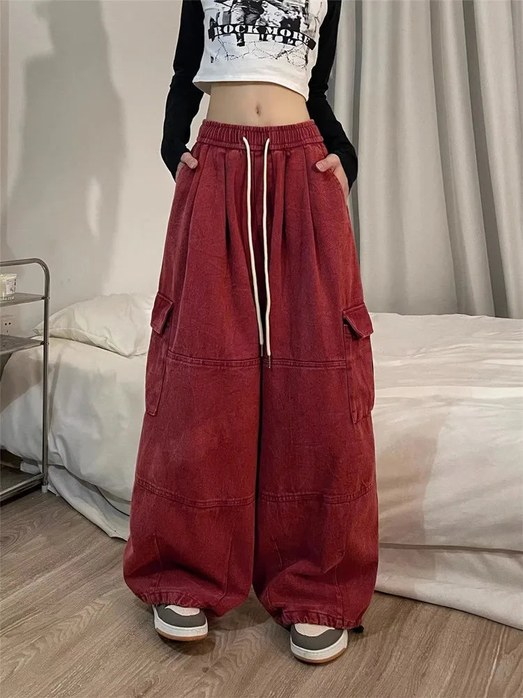 Korean Y2K Fashion Drawstring Casual Baggy Cargo Jeans Pants Women Clothing Straight Wide Leg Sweatpants Female Trousers
