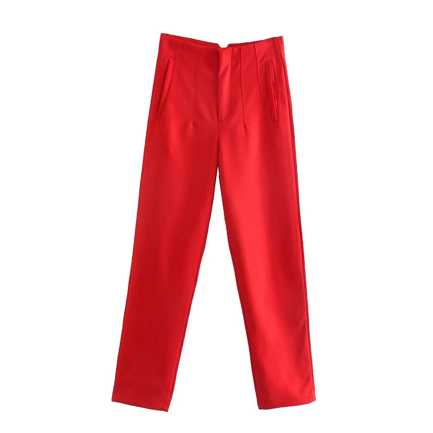 maoxiangshopWomen Light Blue Chic Fashion Office Wear Straight Pants Vintage High Waist Zipper Fly Female Trousers Fashion