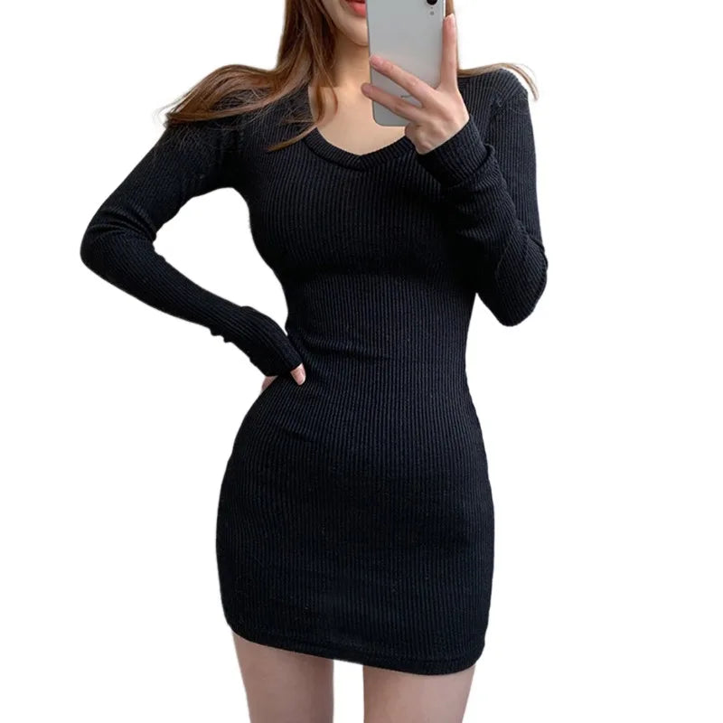 Korean Autumn/Winter Dress Solid Spring Outfits V-neck Slim Fit Sexy Wrap Hip Elastic Long Sleeve Dress