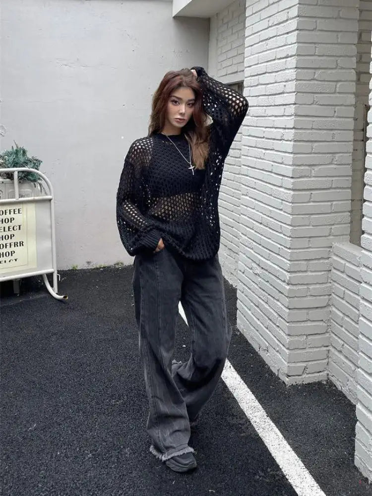 maoxiangshop Hollow Out Knit T-shirt Women Y2K Casual Loose Fishing Net Long Sleeve Female Top Summer Street White Lady Pullovers Tops