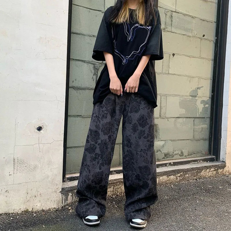 Lucyever Summer Thin Retro Corduroy Pants Women Harajuku Printed Baggy Wide Leg Trousers Teen High Street Unisex Hip Hop Pants