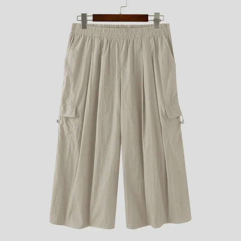 maoxiangshop 2024 Men Wide Leg Pants Elastic Waist Loose Pockets Casual Trousers Men Solid Streetwear Joggers Fashion Cargo Pants