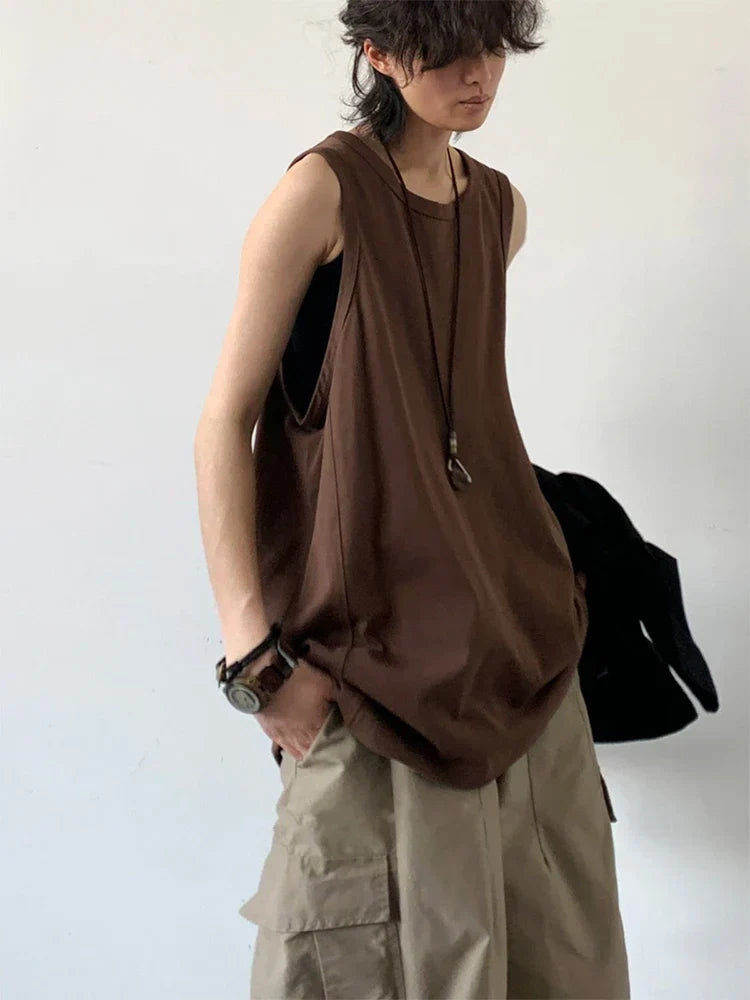 maoxiangshop Sport Men's Tank Tops Gym Hombre Sleeveless Tee Vest Men Streetwear Loose Casual Basketball Brown O-neck Cotton