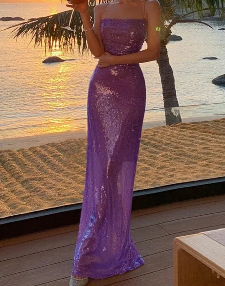maoxiangshop Purple Sequin Sexy Slim Dress Women Sleeveless Backless Bandage High Waist Long Dresses Holiday Elegant Party Gown