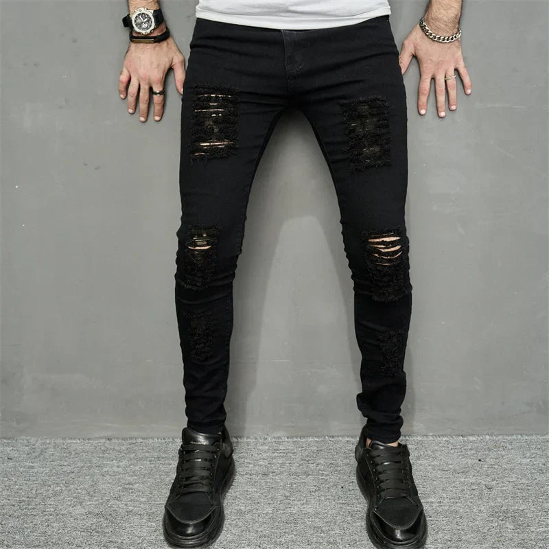 maoxiangshop Streetwear Ripped Slim Men Pencil Jeans Pants Stylish Male Hip Hop Stretch Holes Casual Denim Trousers
