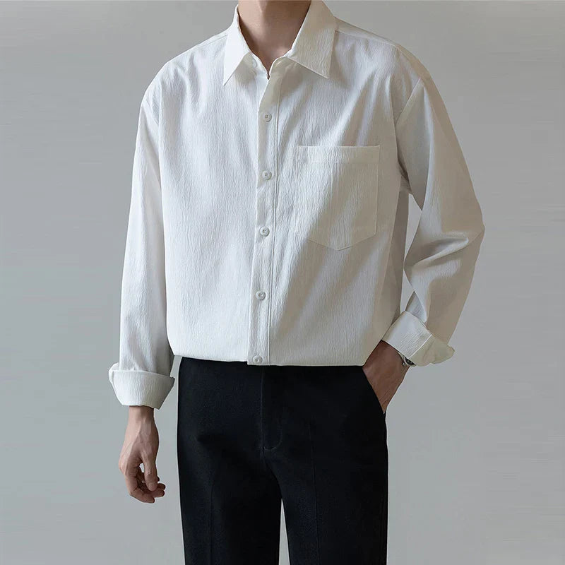 maoxiangshop Luxury Spring Clothing Men's Casual Suit Collar Texture Shirts Vintage Buttons Solid Color Long Sleeve Basic Clothes 2024 New