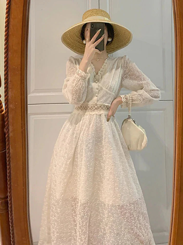 Summer Elegant Lace Fairy Dresses Women Embroidery Mesh Sweet Party Long Dress Female Elegant Korean Lolita Princess Dress
