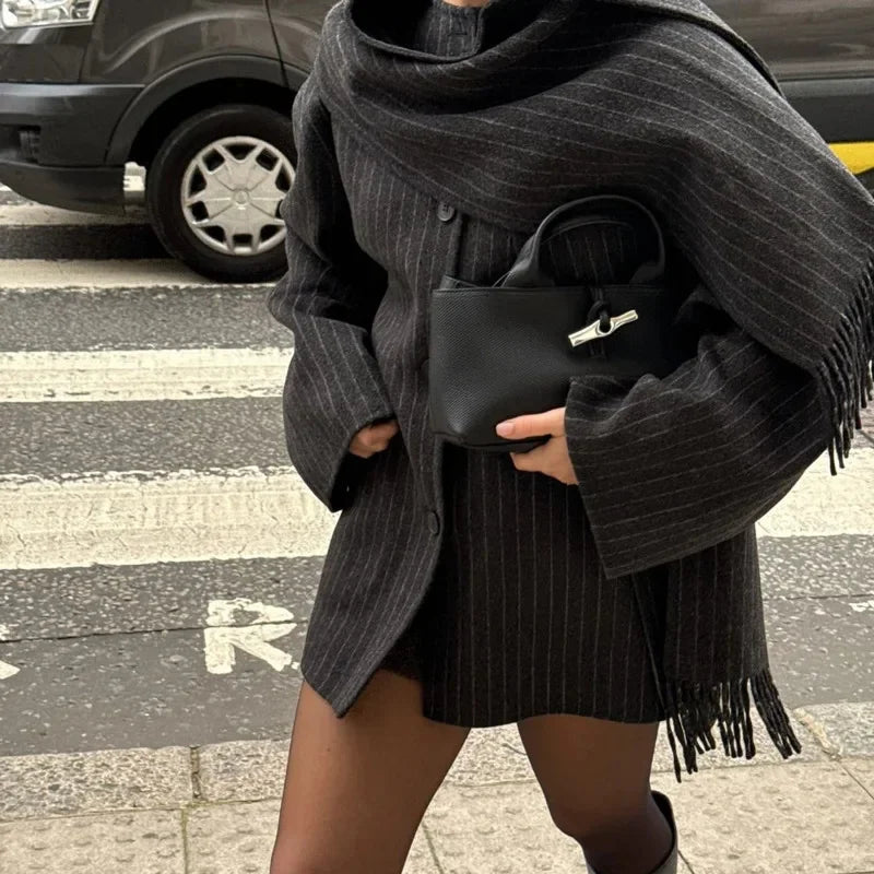 maoxiangshop - Fashion Striped Scarf Collar Short Jacket Women Elegant Wool Blend Single Breasted Crop Coat 2024 New Autumn Street Warm Outwear