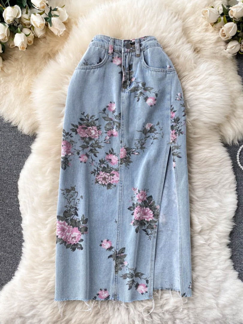 maoxiangshop Flowers Print Jeans Women Vintage High Waist Denim Long Pants Fashion Autumn Casual Wide Leg Full Length Denim Trousers