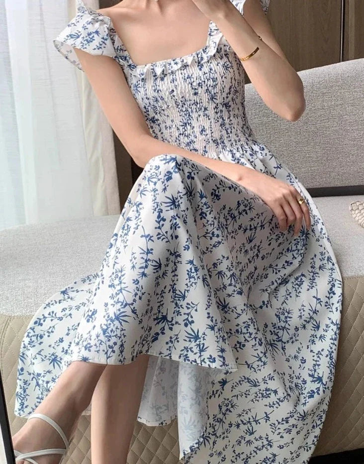 maoxiangshop Vintage Sexy Slash Neck Flying Sleeve Printing Floral Bodycon Dresses for Women Beach Sleeveless Dress Korea Fashion Summer