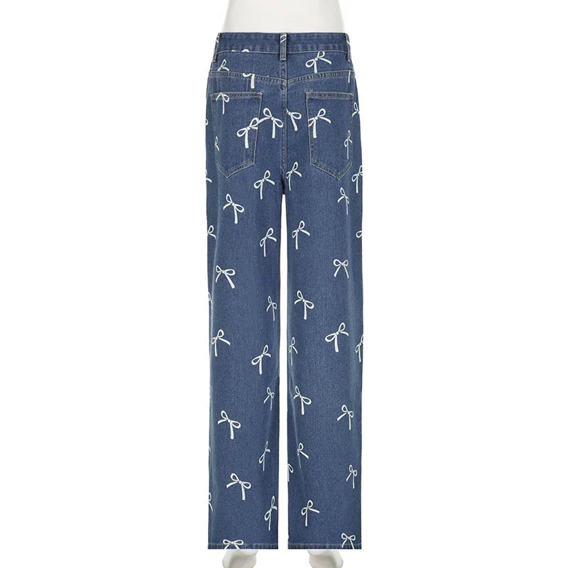 Korean Fashion Bow Pattern Printed Women Jeans Low Waisted Straight Leg Denim Trousers Cute Sweet Harajuku Sweatpants