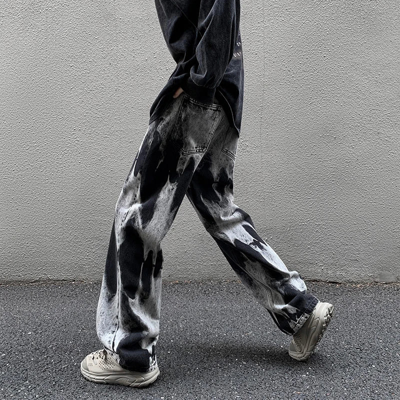 maoxiangshop Tie-dye Jeans Men High Street Straight Denim Pants Men Baggy Fashion Trend Jean Pants Mens Wide-leg Trousers BF Clothing