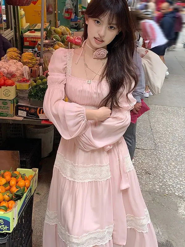 maoxiangshop - Autumn Long Sleeve Elegant Lace Dress Woman French Style Fashion Midi Dress Casual Party Slim One Piece Dress Korean Chic