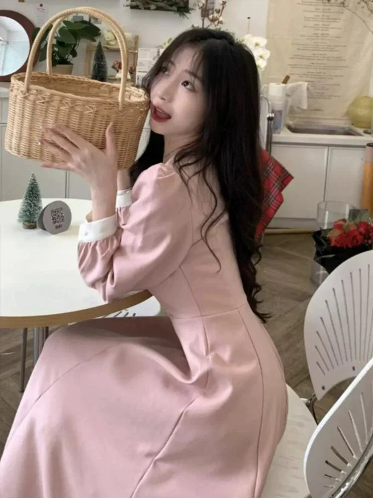 maoxiangshop-Faymusty Women's Pink Sweet Dress with Bow Chic Lace Party Mini Dresses Female Casual High Waist Patchwork Kawaii Spring 2024