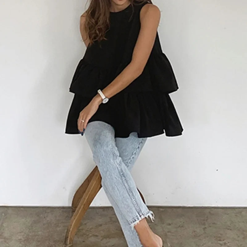 maoxiangshop - New Fashion Black Sleeveless Women's Summer Kawaii Round Neck T-shirt Top with Ruffled Cute Korean Women's Vest Top Loose