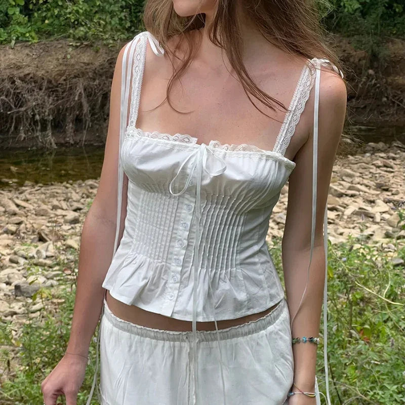 maoxiangshop-Y2K Girly Lace Strape Elegant Tank Top Aesthetic Folds Buttons White Square Collar Cute Camisole Tops French Style