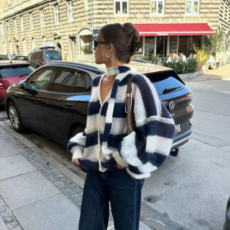 maoxiangshop - Striped Knit Sweater Cardigan With Scarf Women Casual V Neck Lantern Sleeve Coat 2024 Autumn Chic Contrast Lady Fashion Knitwear