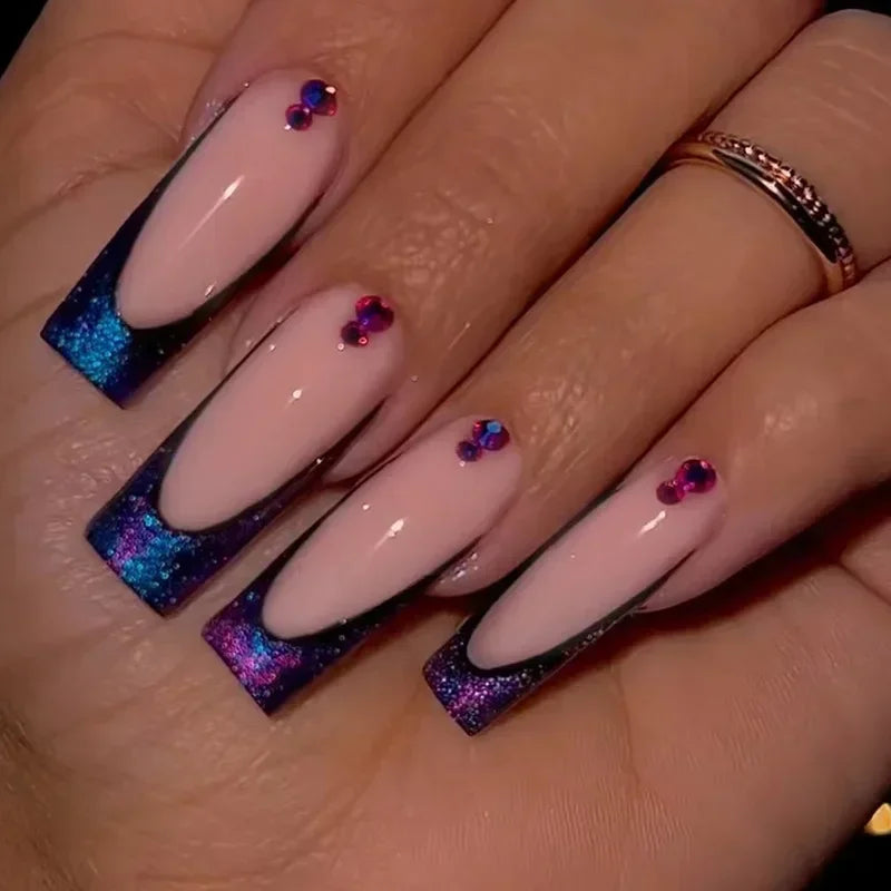 maoxiangshop 24Pcs Coffin False Nails Purple Butterfly Designs Fake Nails with Shiny Rhinestone Wearable French Full Cover Press on Nails