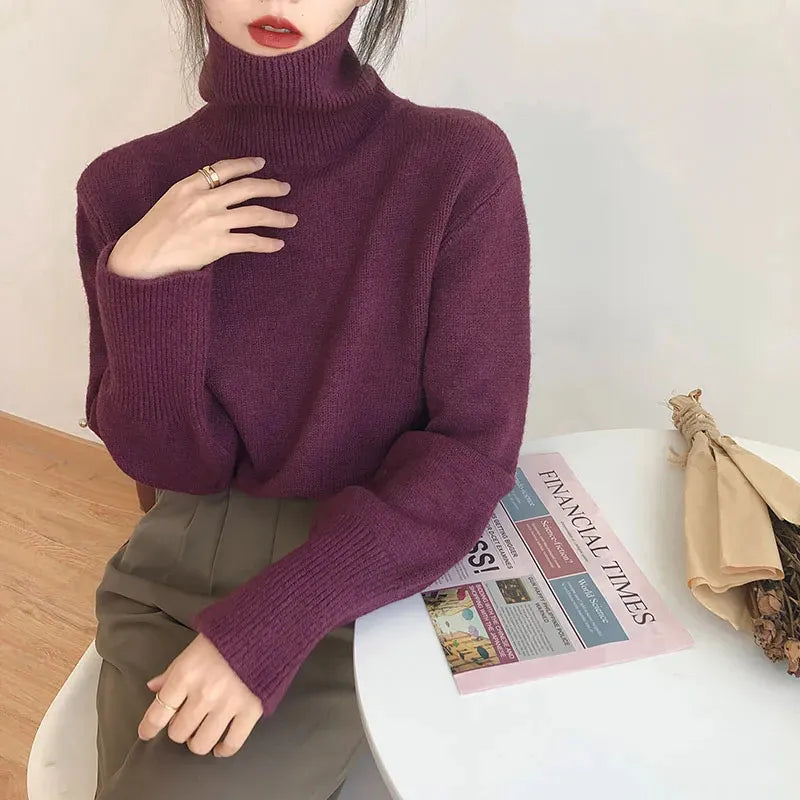 maoxiangshop Autumn Warm Turtle Neck Sweater Women Fashion Korean Solid Knitted Basic Pullovers Loose O Neck Long Sleeve Female Jumper