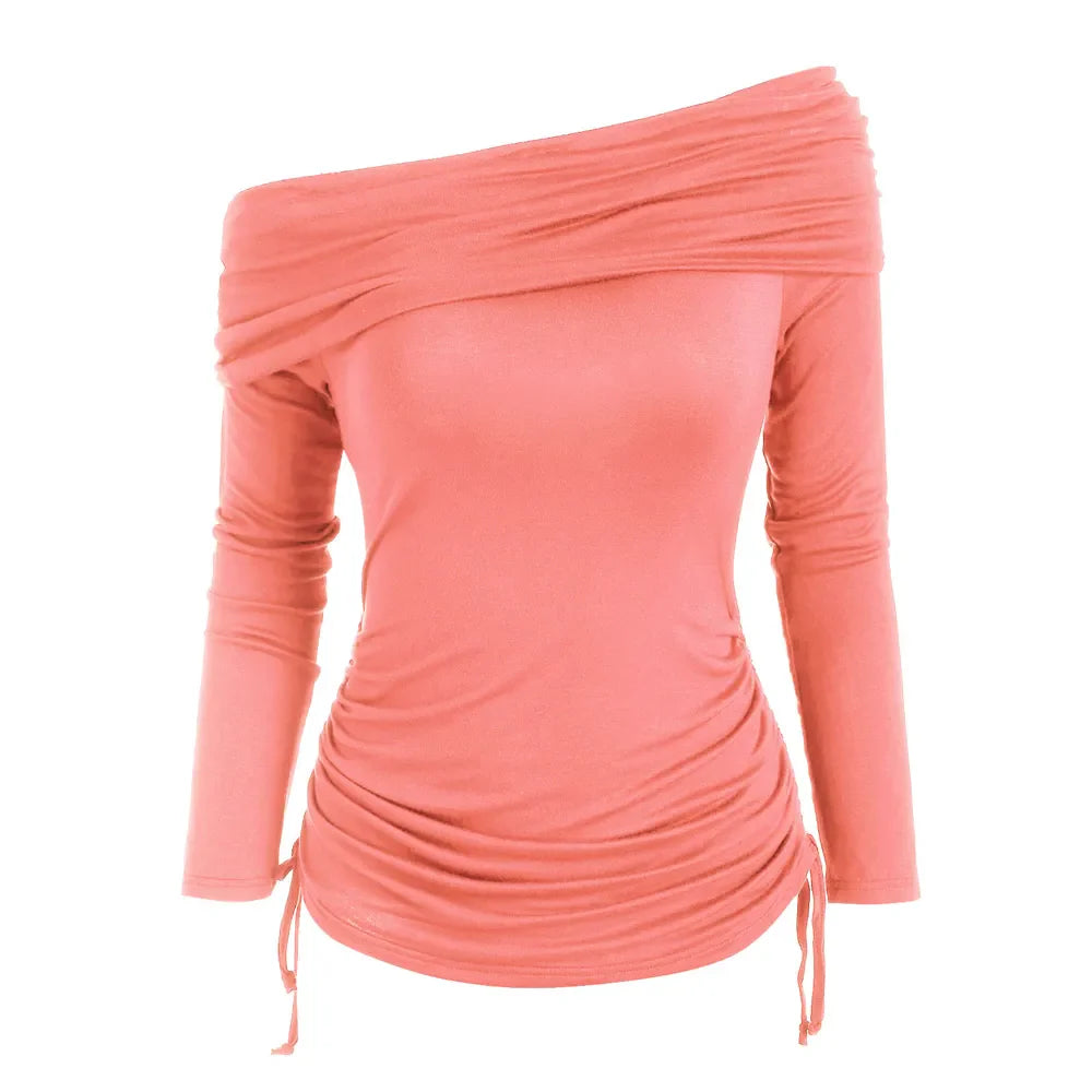 maoxiangshop Early Autumn Ruched Off The Shoulder Tops Slim Tee Off Shoulder Tops Women Off The Shoulder T-Shirts