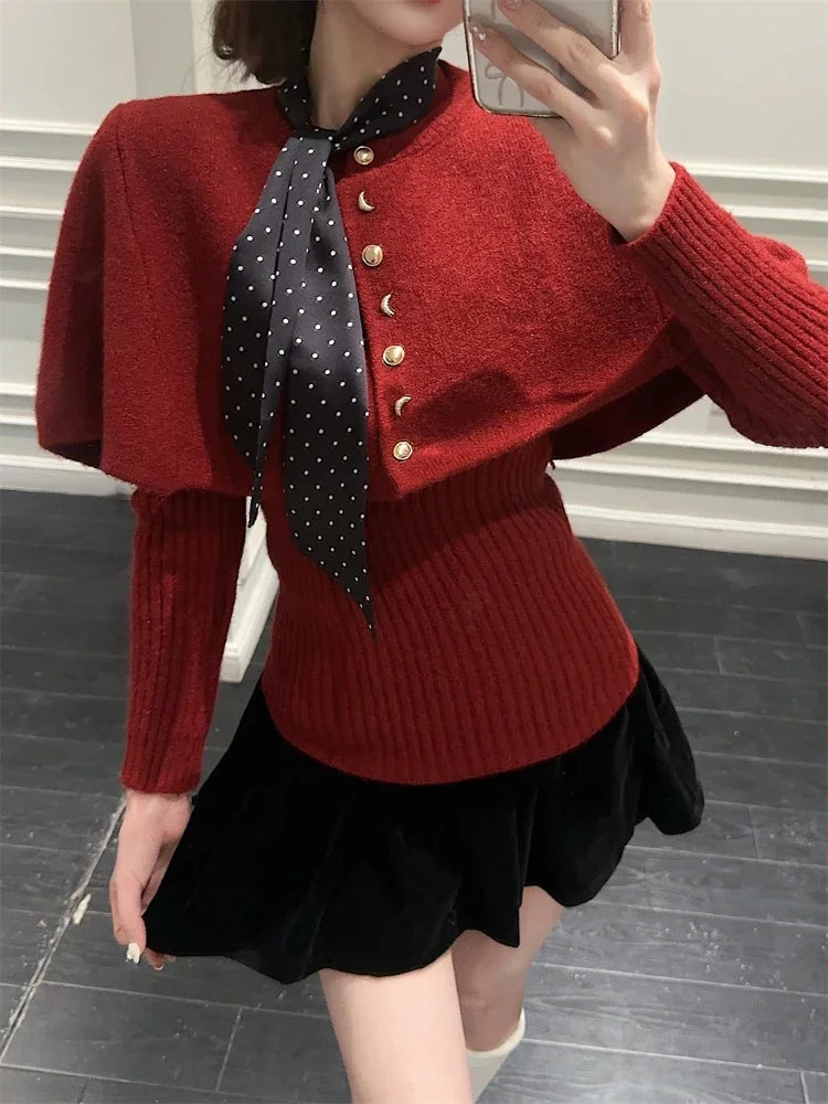 maoxiangshop - Vintage Red Poncho Sweater Women Ribbed Knitwear Two-Piece Set Pullover Korean Cutecore Long Sleeve Christmas Clothes