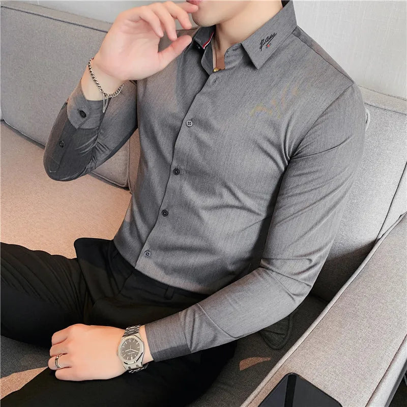 maoxiangshop British Style Men Long Sleeved Shirt Autumn Anti-wrinkle Soft Solid Casual Elastic Slim Fit Camisas Y Blusas Men Clothing