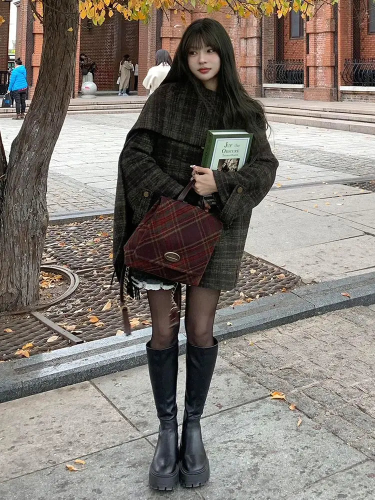 maoxiangshop - Autumn/Winter New Retro Plaid Cloak Shawl Woolen Coat Women Winter Clothes Korean Style Chic Loose Wool Outerwear Women Top