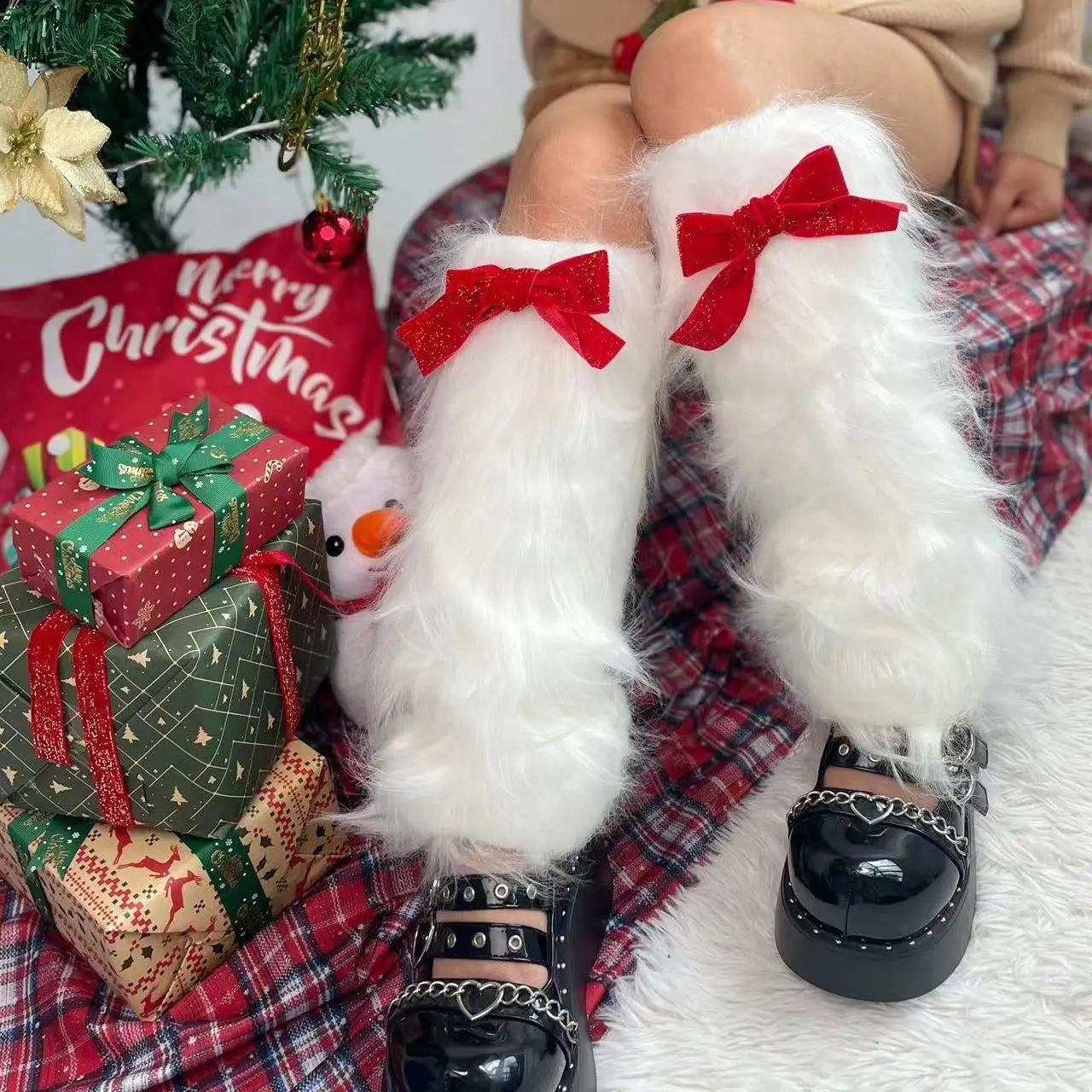 maoxiangshop - Autumn/Winter Bow Loliat Socks for Women Christmas Lolita Cute y2k Subculture Warm Imitation Fur Leg Cover Boots Leg Warmers