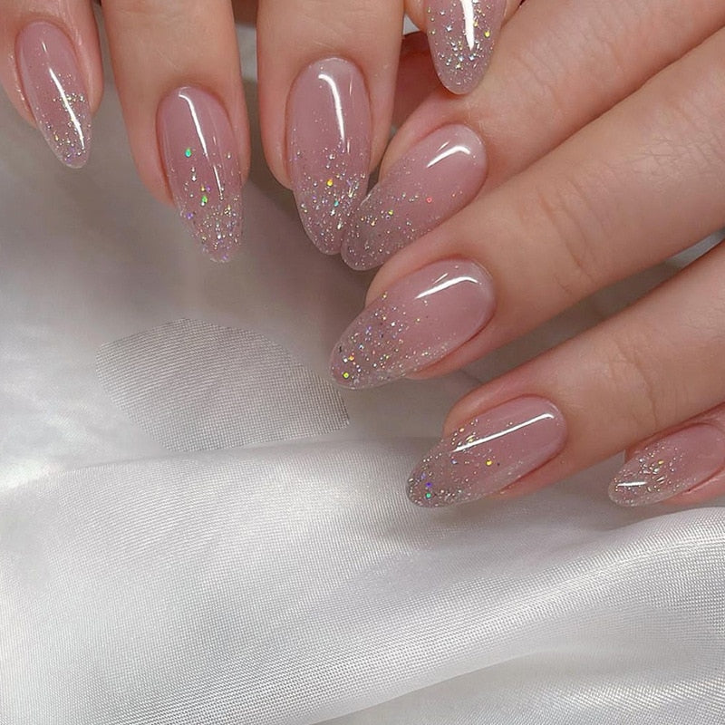 24Pcs False Nails With Glue Almond Pink Butterfly Design Detachable Rhinestones Acrylic Fake Nails long stiletto Press On Nails