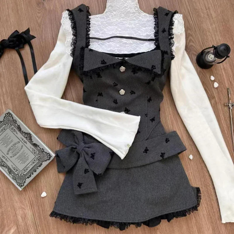 maoxiangshop - Sweet Cute White Ruffled Tops+Lace Edge Grey Vest+slimming High Waisted Skirt 3 Piece Set for Women Winter Japanese Skirt Suit