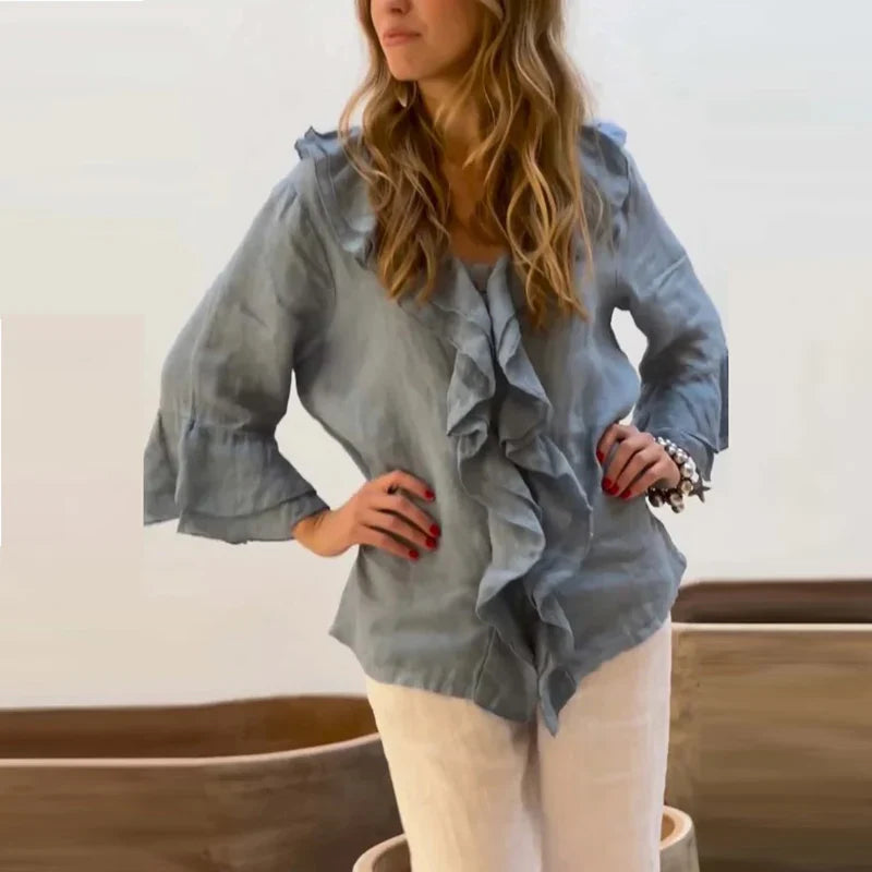 maoxiangshop - Autumn Casual Loose 3/4 Flying Sleeved Blouse Retro Solid Single Breasted Office Clothing Elegant V Neck Ruffles Women Pullover