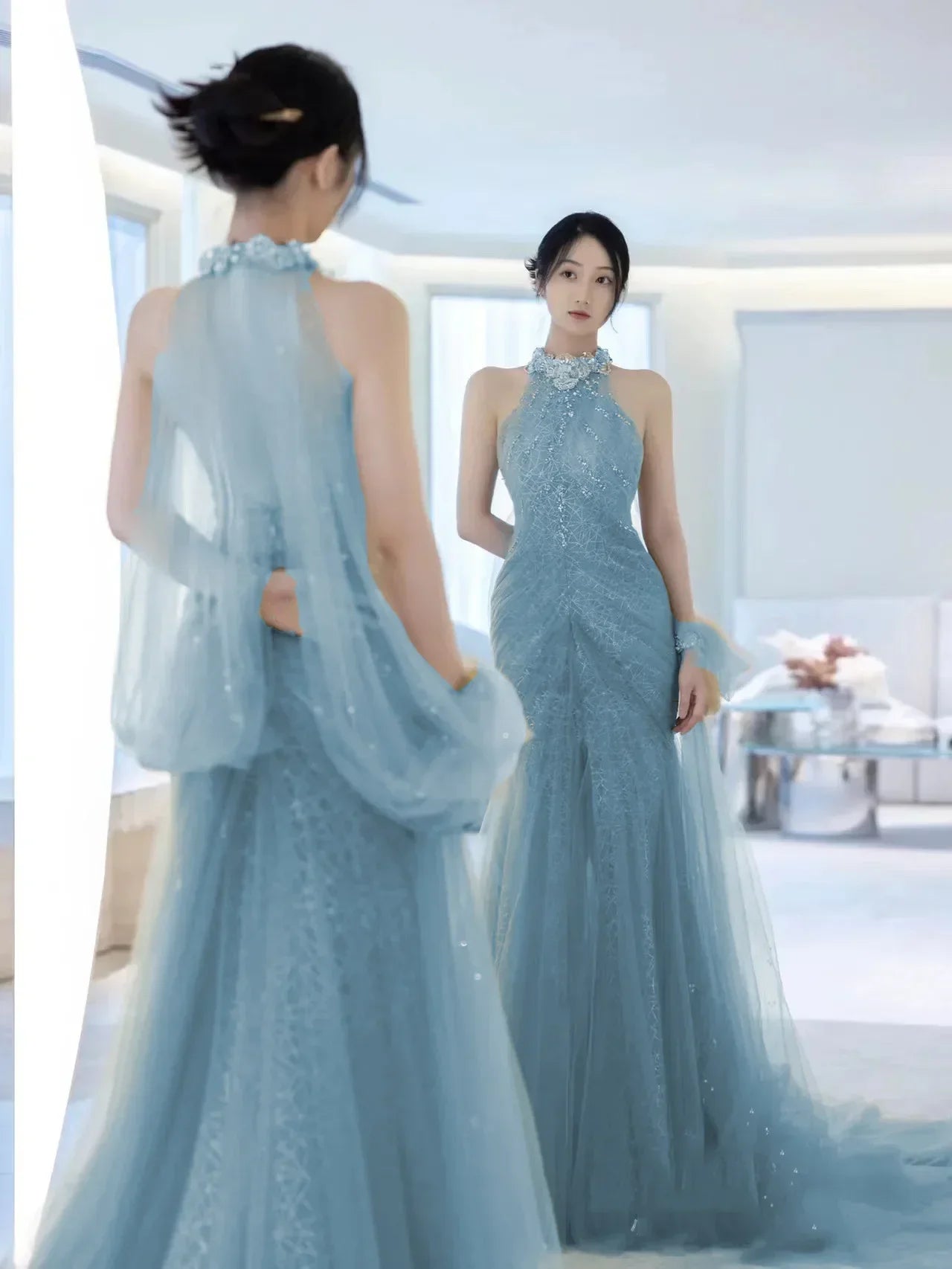 maoxiangshop Evening Party Dress Women's Sleeveless Pearl Halter Elegant Dubai Banquet Gown Elegant Ladies Prom Dresses for Women Vestidos