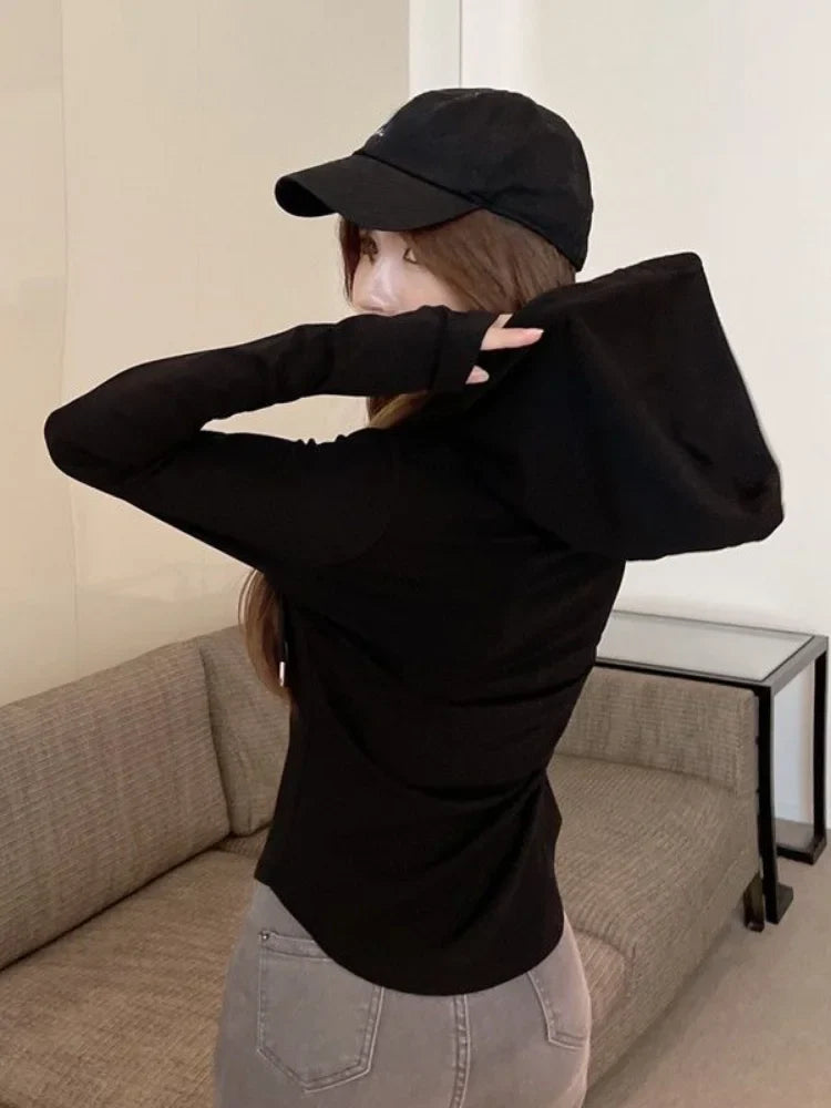 maoxiangshop Korean Style Slim Crop Hoodies Women Pullovers Kpop Solid Hooded Sweatshirt White Long Sleeve Tops Autumn Fashion