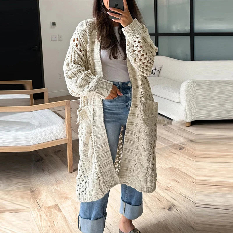 maoxiangshop - 2024 Casual Solid Color Pocket Coat Ladies Elegant V Neck Hollow Knitted Cardigan Autumn Winter Thick Warm Loose Sweater Outwear