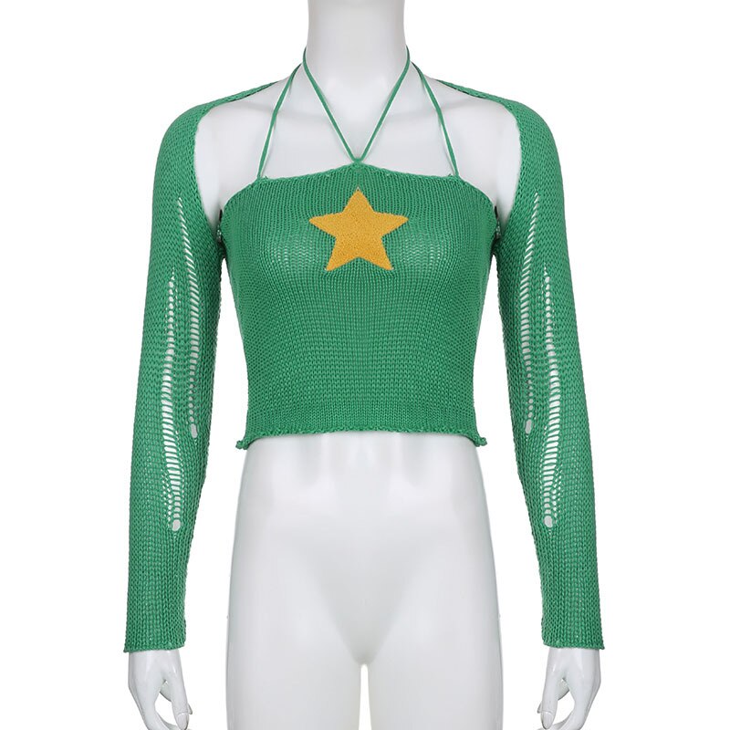 maoxiangshop Knit Two Piece Set Y2K Star Crop Top And Bolero Cardigan Women Sexy Night Club Festival Outfit Knitwear Co ord Set White Green