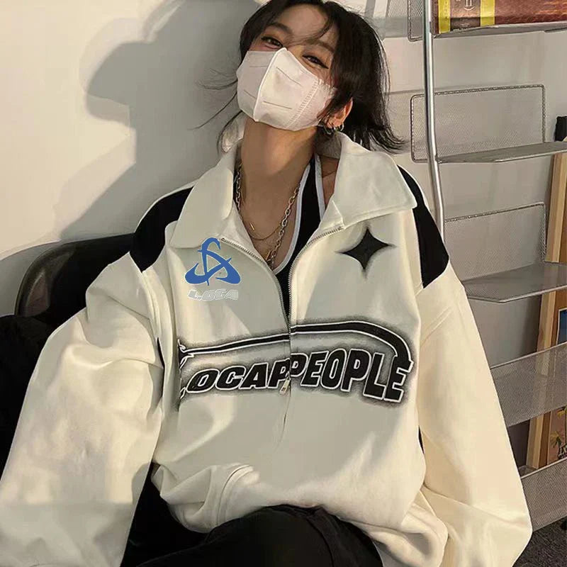 maoxiangshopY2K Women Oversized Sweatshirts Vintage Autumn Letter Print Zipper Jacket Caots Korean Streetwear Trend Female Hoodies Tops