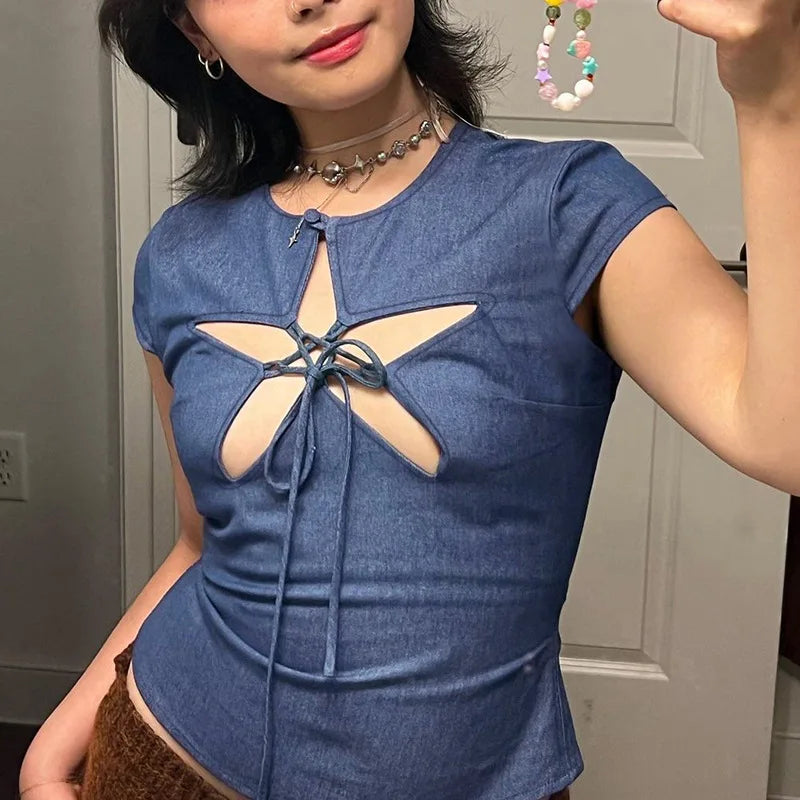 maoxiangshop - Lace Up Hollow Out Star Denim Crop Tops For Woman Summer Clothes Girly Y2k Cute Sexy T-Shirts Fitted Shirts Streetwear
