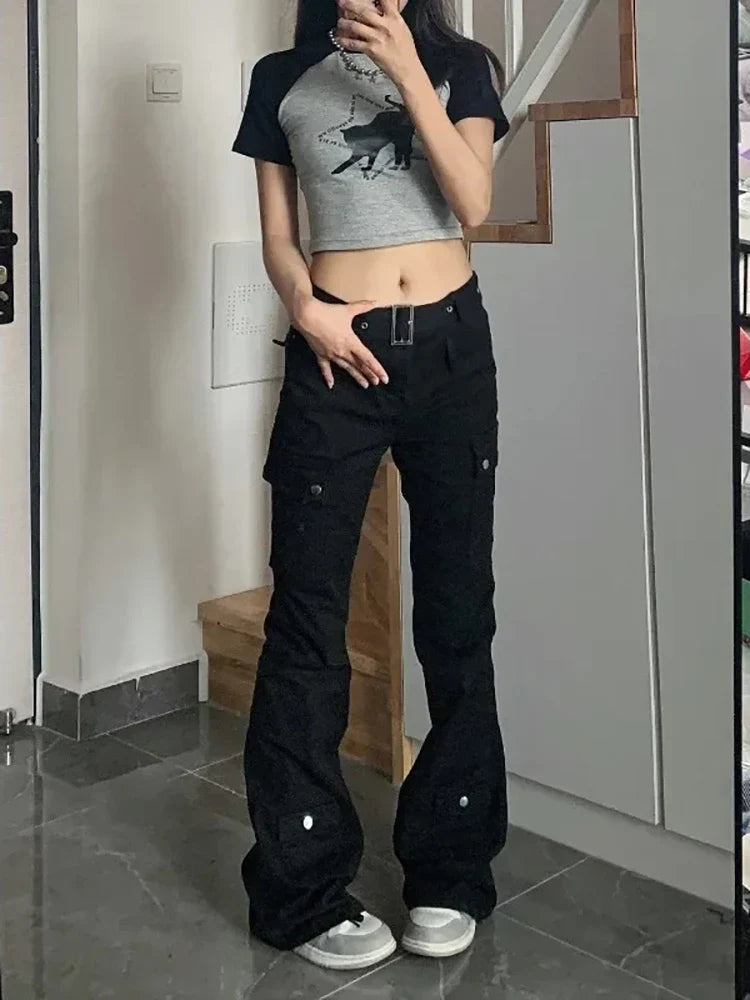 maoxiangshop - Y2k Streetwear Cargo Jeans Women Black Gyaru Gothic Grunge Flare Denim Pants Vintage Korean Style Tights Trousers Baddies