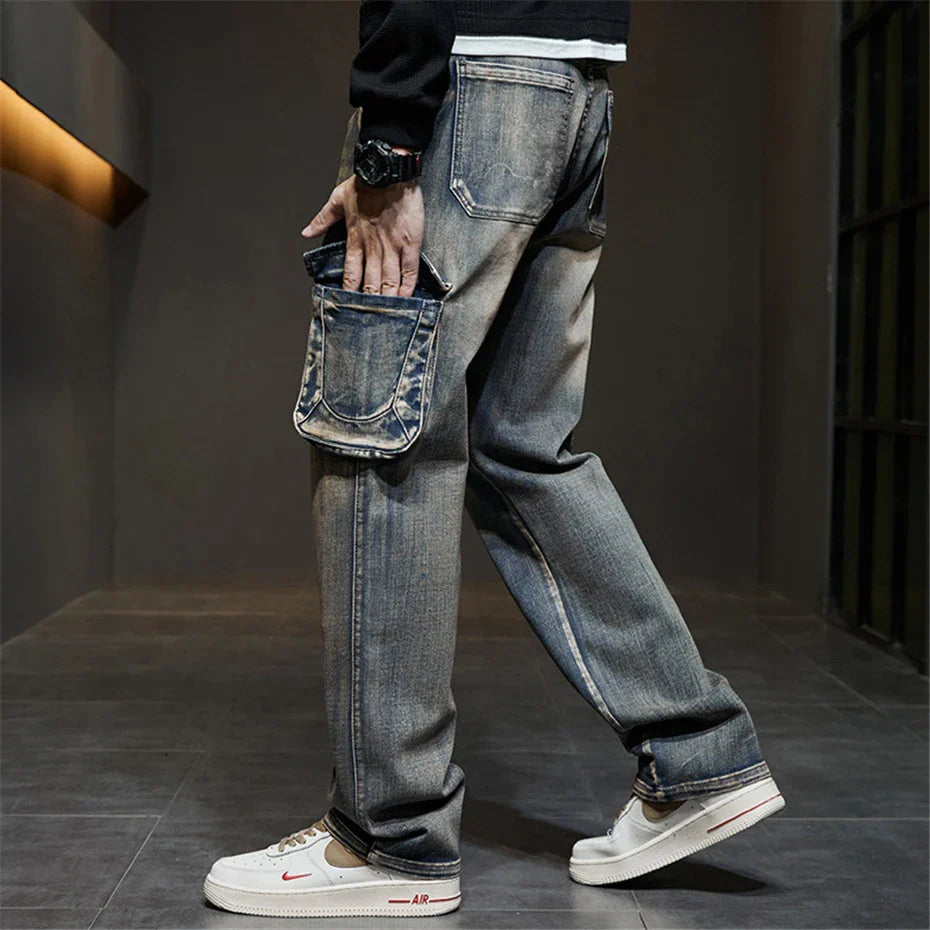 maoxiangshop 42 44 Plus Size Jeans Men Denim Pants Baggy Jeans Vintage Cargo Pants Loose Fashion Causal Trousers Male Big Size Bottoms