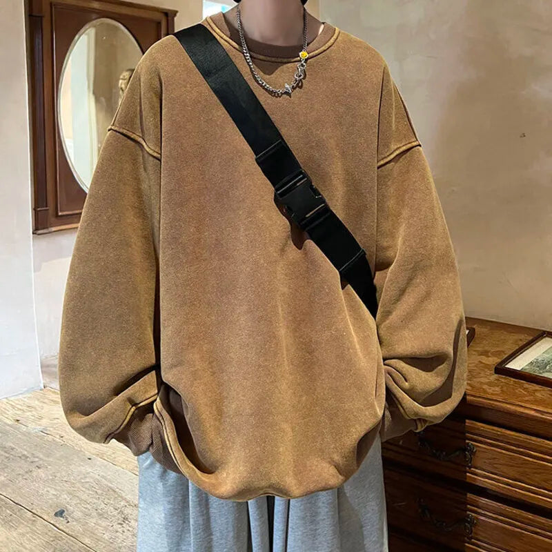 maoxiangshop American Washed Old Pullovers Sweatshirts Men Loose Solid Color Autumn Large Size Warm O Neck Tops Hip Hop Y2k Sweatshirt