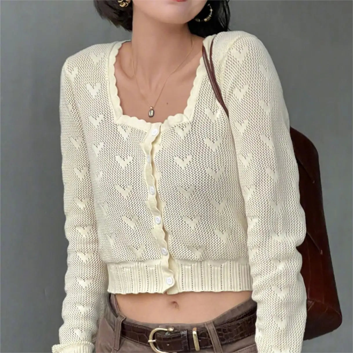maoxiangshop Fall outfits women cropped cardigan long sleeve cute crop sweater kawaii knitwears heart square neck top knitted
